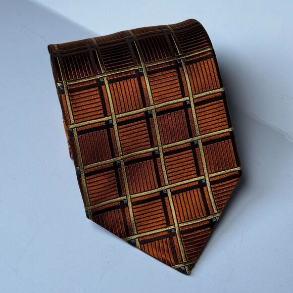 Ermenegildo Zegna Silk Tie Brown Copper Gold Geometric Grid Made in Italy - Picture 2 of 9